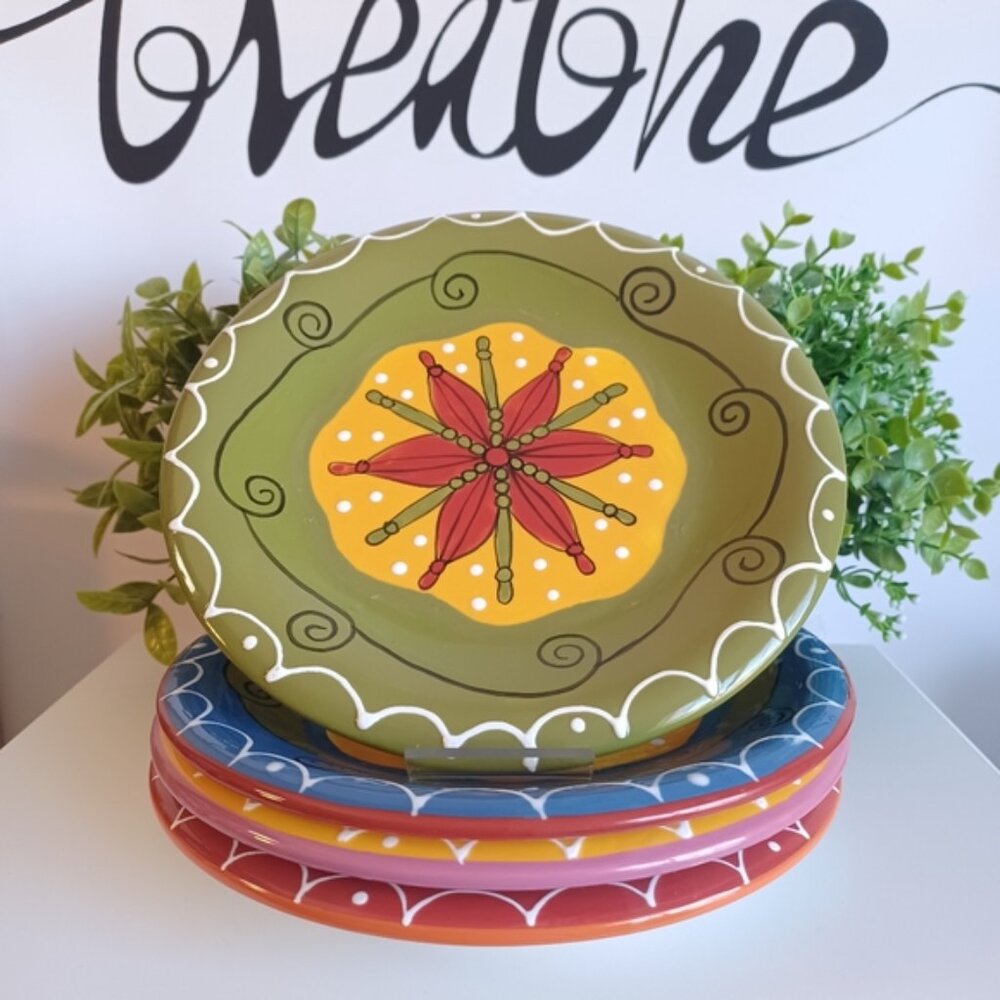Pier 1 Hand-Painted Ironstone Salad Plate Set | 4 Piece | 8.25” Diameter